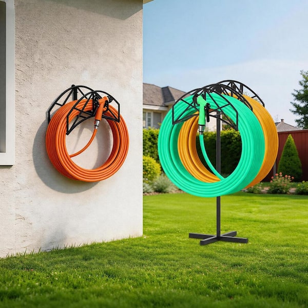 MISOPILY 2-in-1 Dual Hose Holder Organizer Freestanding Heavy Duty Water Hose Storage Stand with Rotating Hooks for Yard