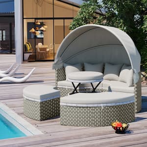 4-Piece Gray Wicker Round Outdoor Day Bed with Gray Cushion and Retractable Canopy