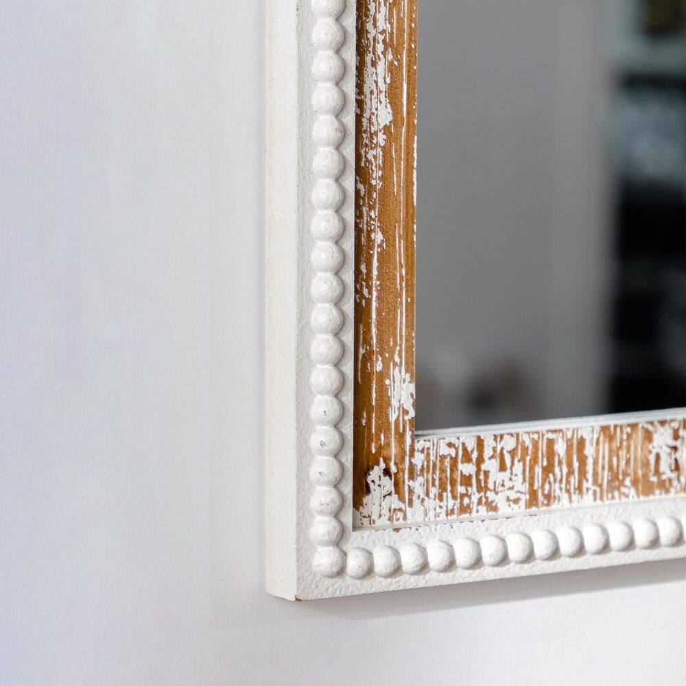 Antique White Arched Wood Vanity Wall Mirror with Beaded Frame