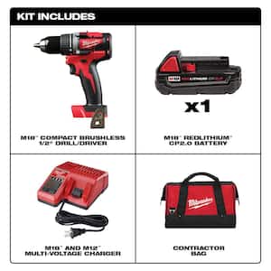 M18 18-Volt Lithium-Ion Brushless Cordless 1/2 in. Compact Drill/Driver with (1) 2.0 Ah Battery, Charger and Tool Bag