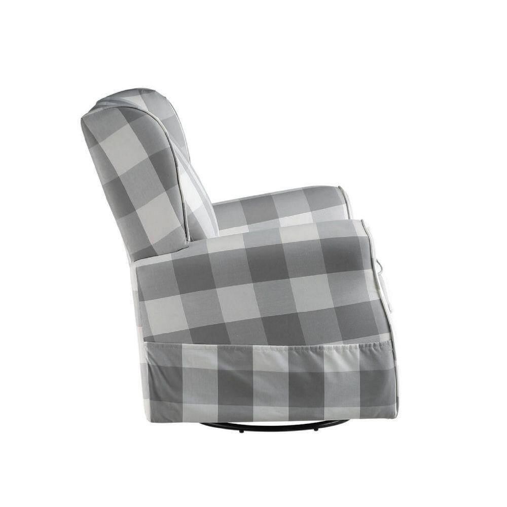Gray Plaid Swivel Accent Chair with Metal Base