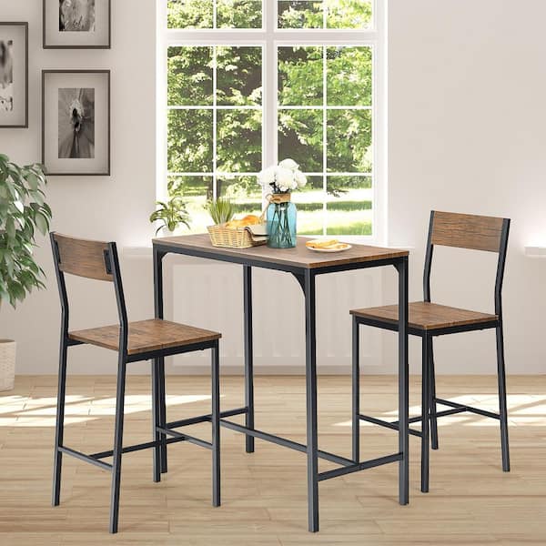 3-Piece Rectangle Brown Wood Top Bar Table Set Industrial Counter Height Dining Table Set with 2-Stools