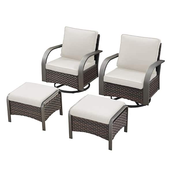 Pocassy Iron Bend Series 4-Piece Brown Wicker Outdoor Patio Conversation Rocking Chair with Ottoman CushionGuard Beige Cushions