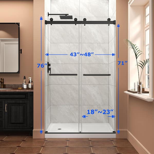 Erik 48 in. W x 76 in. H Semi Frameless Double Bypass Sliding Door in Matte Black with Tempered Glass