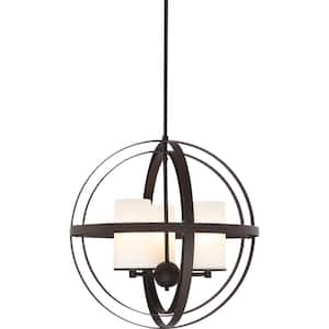 3-Light Antique Bronze Sphere Shaped Chandelier with Etched White Cased Glass Cylinder Shades
