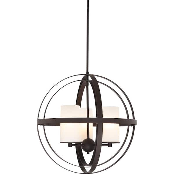 Volume Lighting 3-Light Antique Bronze Sphere Shaped Chandelier with Etched White Cased Glass Cylinder Shades