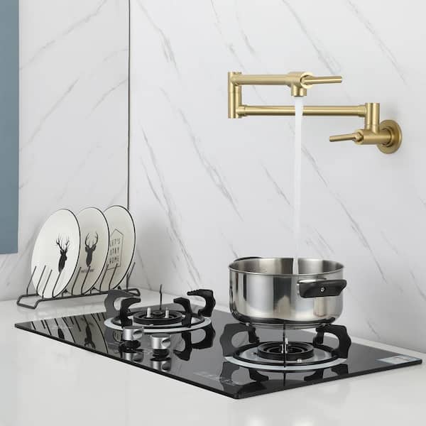 Staykiwi Wall Mounted Pot Filler with Cross Handle in Brushed Gold