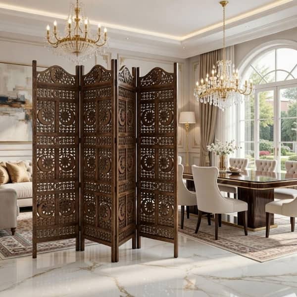71 in. Brown Sun and Moon Design Foldable 4-Panel Wooden Room Divider