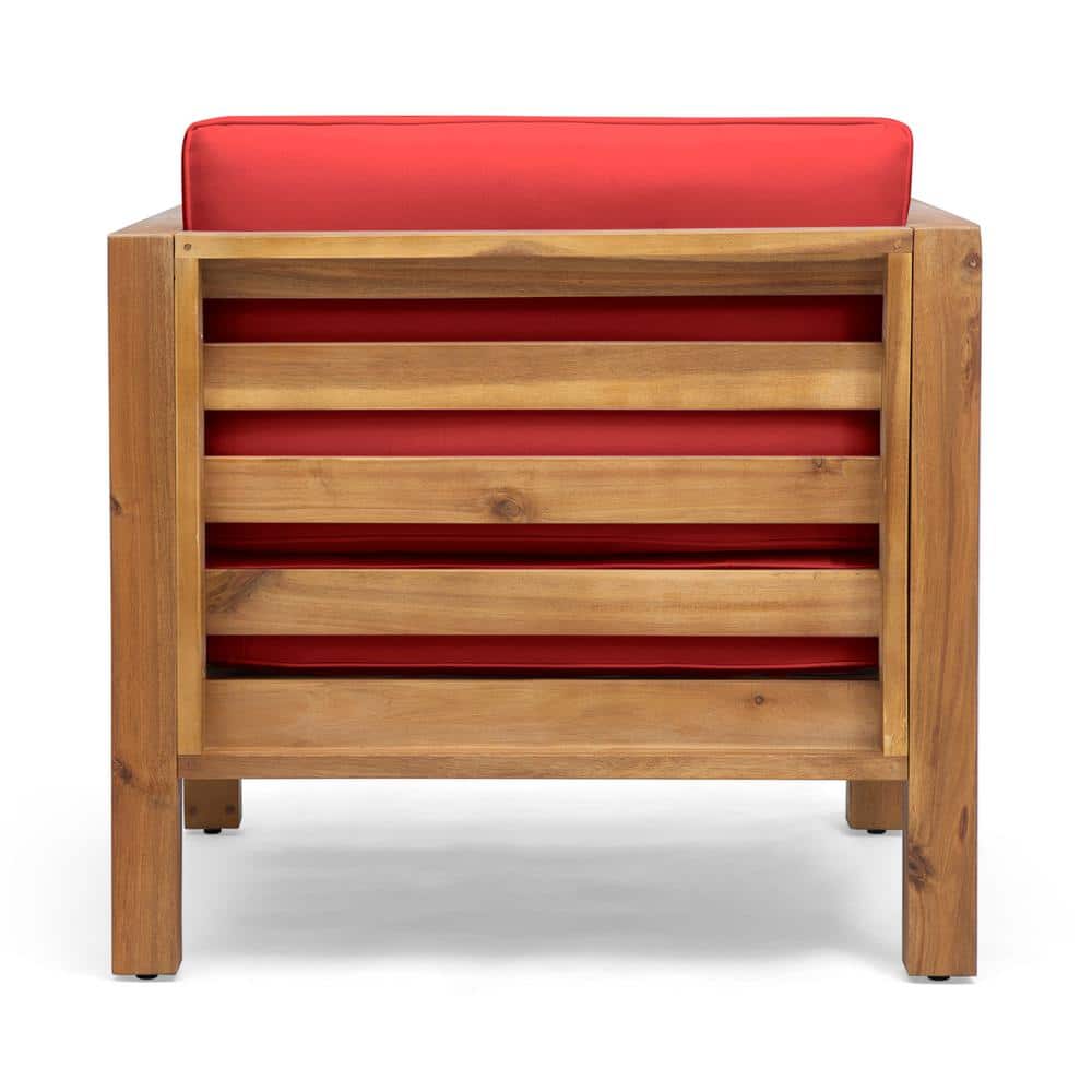 Teak Brown Lounge Chair with Plush Red Cushions