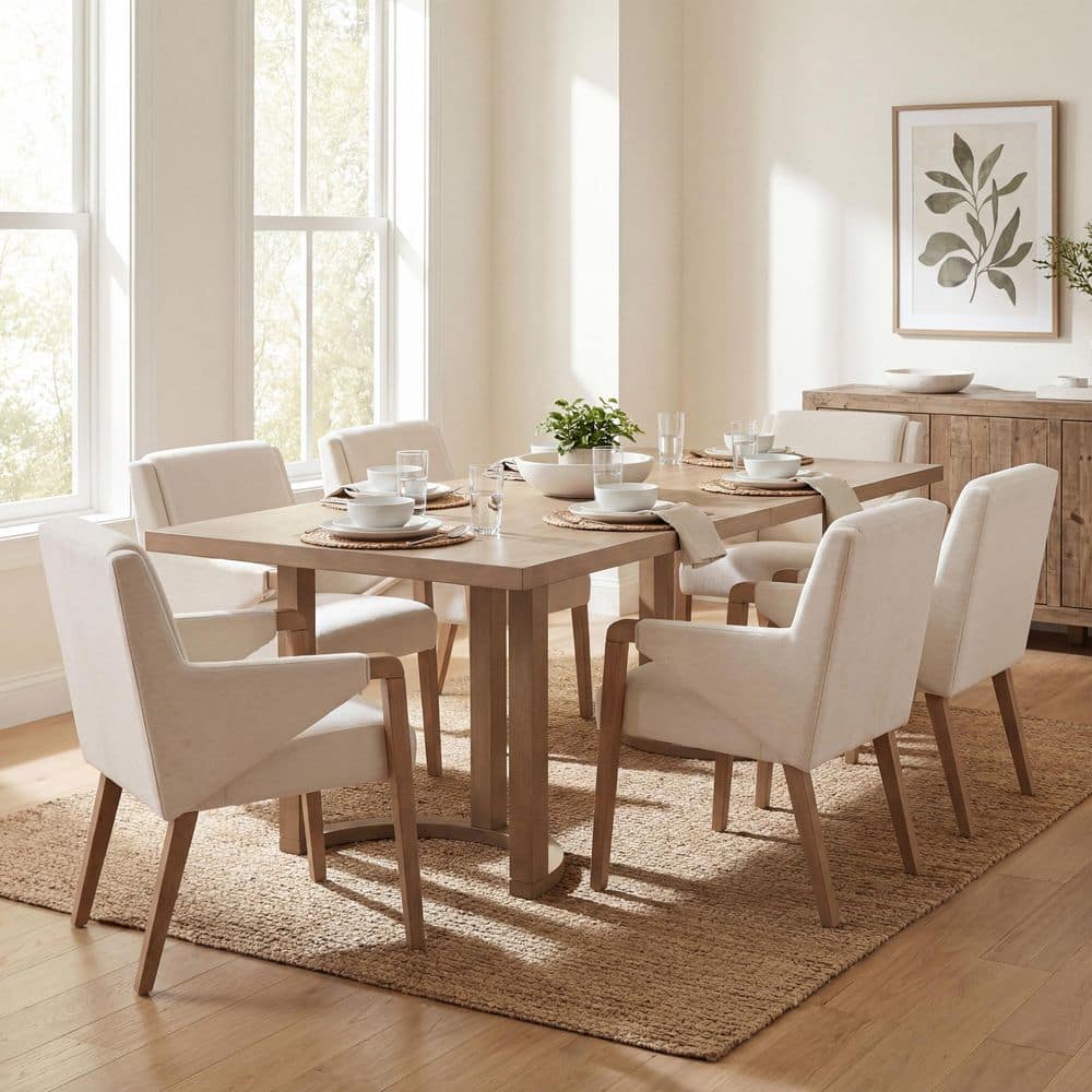 Dennis 7-Piece Wood Top Dining Set with Beige+Light Ash Upholstered Dining Chairs, Rectangle Dining Table, Seats 6