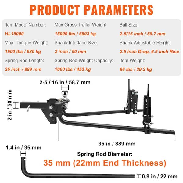 VEVOR Weight Distribution Hitch Kit 2 in. Shank Weight Distributing Hitch  2.5 in. Drop, 6.5 in. Rise (17K lbs., 35 in. Bars) YBKZTCG7IN251IZFWV0 -  The Home Depot