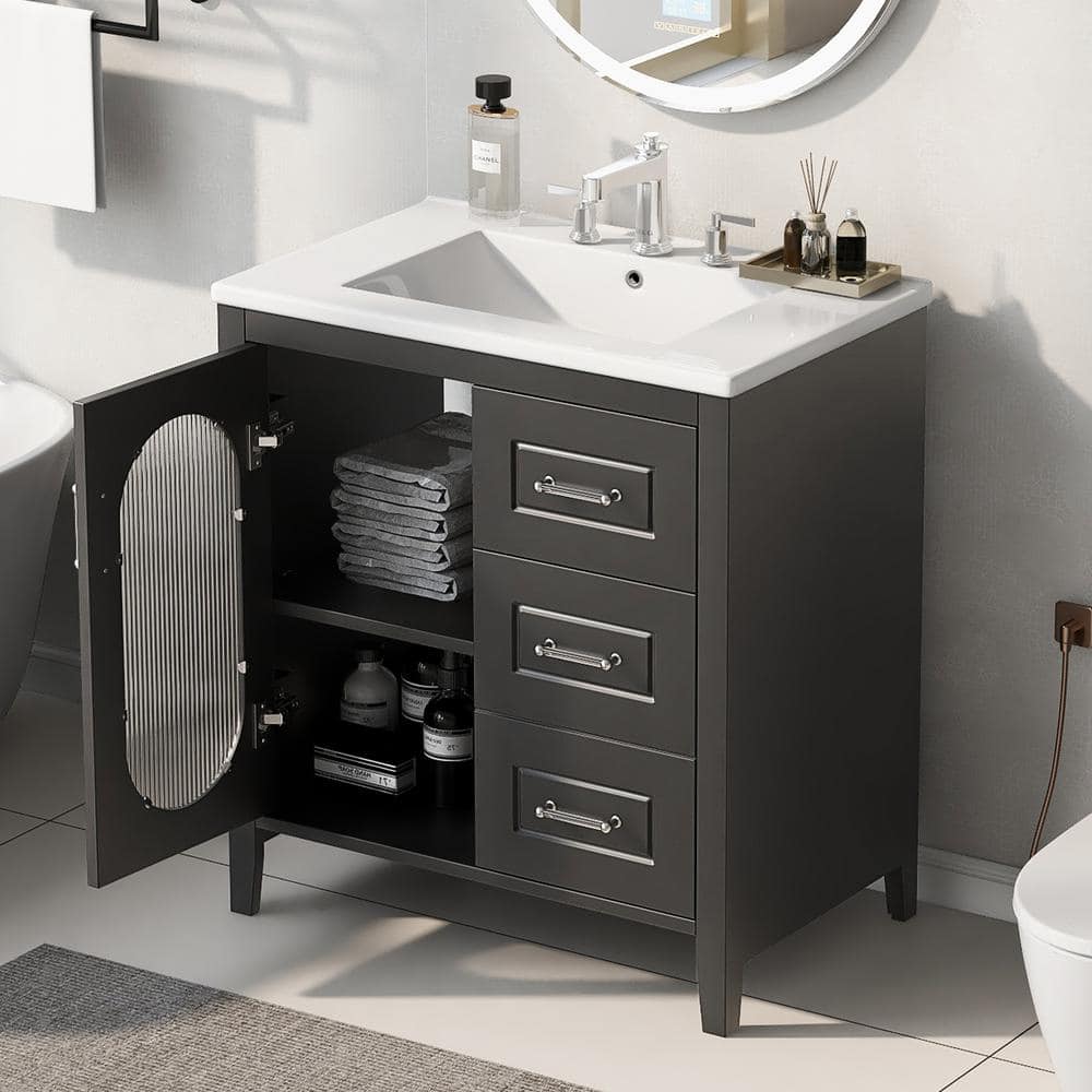 30 in. W x 18 in. D x 34 in. H Freestanding Bath Vanity in Black with White