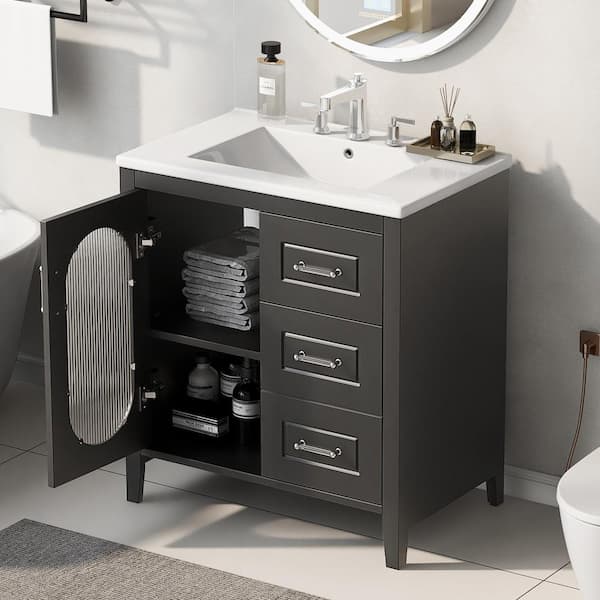 Unbranded 30 in. W x 18 in. D x 34 in. H Freestanding Bath Vanity in Black with White Ceramic Top