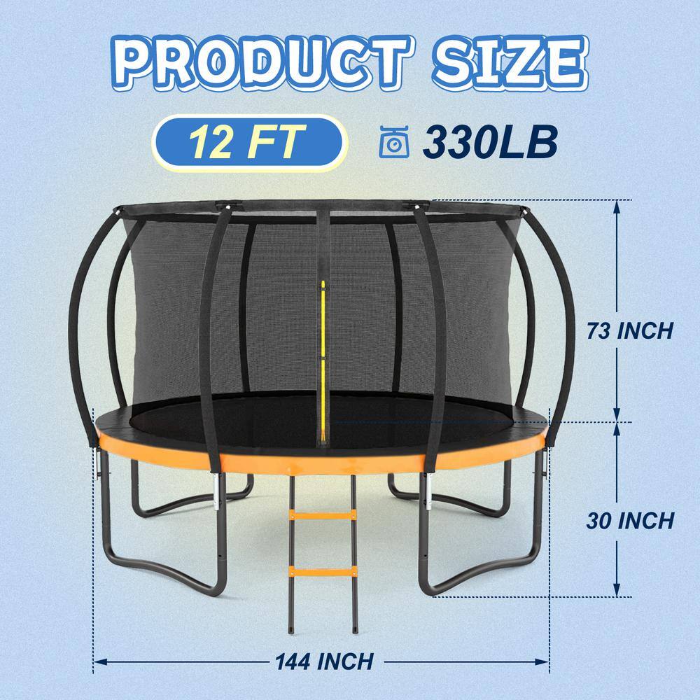 12 FT Black and Orange Outdoor Trampoline with Safety Enclosure and Ladder
