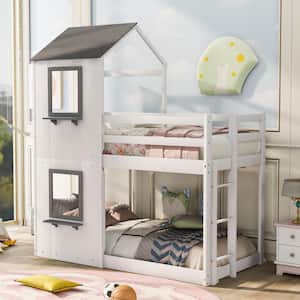 White Twin Over Twin Wood Bunk Bed with Roof and Window