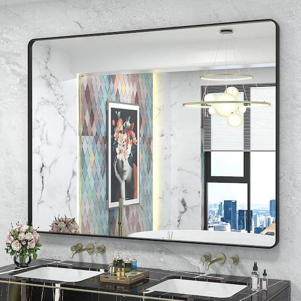 48 in. W x 40 in. H Rectangular Framed French Cleat Wall Mounted Tempered Glass Bathroom Vanity Mirror in Matte Black
