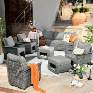 Sierra Black 7-Piece Wicker Multi-Functional Pet Friendly Outdoor Patio Conversation Sofa Set with Dark Grey Cushions