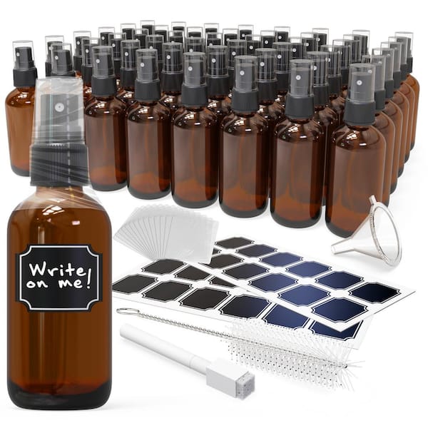 4 oz. Glass Spray Bottles with Funnel, Brush, Marker and Labels - Amber (Pack of 48)