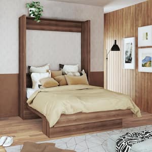 Easy-Lift Brown Wood Frame Queen Murphy Bed with Shelf