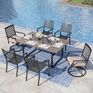 7-Piece Metal Outdoor Dining Set with Dark Brown Rectangular Table and Elegant Swivel Chairs with Beige Cushions