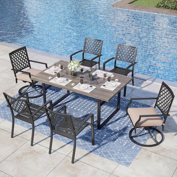 PHI VILLA 7-Piece Metal Outdoor Dining Set with Dark Brown Rectangular Table and Elegant Swivel Chairs with Beige Cushions