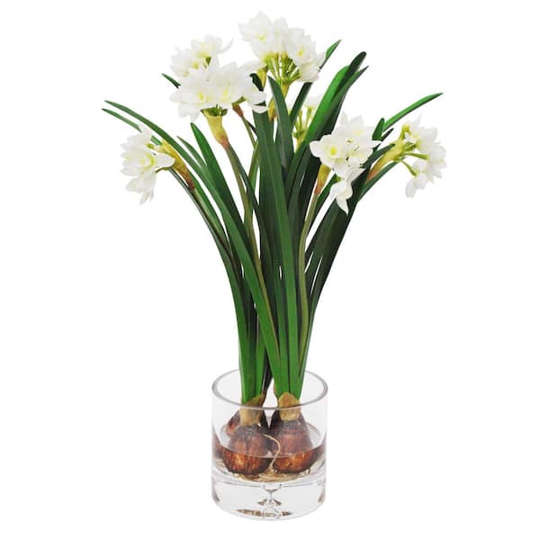 Winward Silks International Inc 17.5 in. White Indoor Artificial Narcissus in Clear Vase