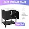 Infographic showing large storage space and included items for the vanity.