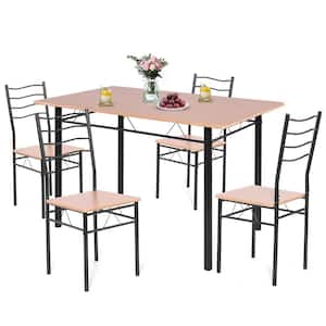 Dining 5-Piece Rectangle Wood Top Brown Bar Table Set 4-Chairs Metal Frame Kitchen Furniture Set
