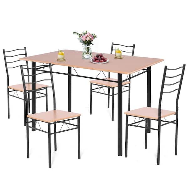 HONEY JOY Dining 5-Piece Rectangle Wood Top Brown Bar Table Set 4-Chairs Metal Frame Kitchen Furniture Set