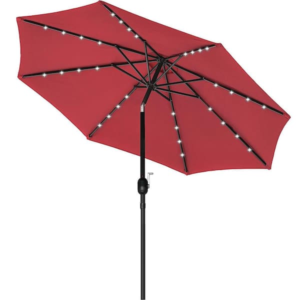 Unbranded 9 ft. 32 Red LED Lighted Sola Steel Patio Market Umbrella Push Button Tilt/Crank for Garden, Deck, Backyard and Pool