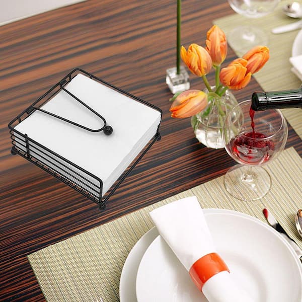 Flat Iron Tabletop Mount Black Napkin Holder with Weighted Arm Square Napkin Dispenser for Kitchen Dining Decor