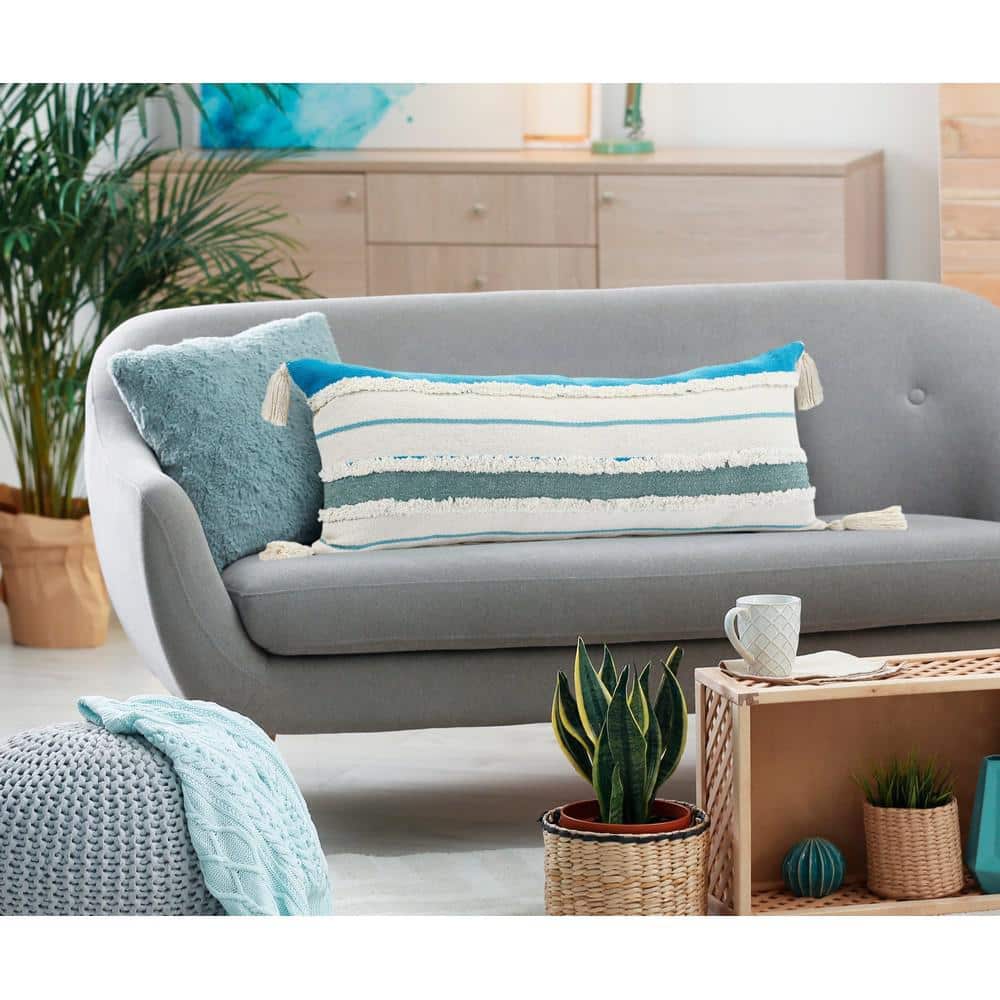 Aqua and White Bohemian Quarry Striped Lumbar Pillow, 14" x 36"