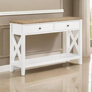 13.75 in. Brown and White Rectangle Wooden Console Table with Lower Shelf