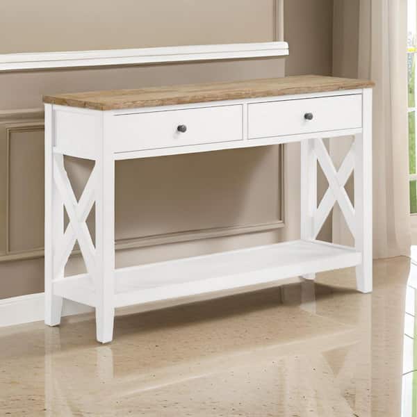 Benjara 13.75 in. Brown and White Rectangle Wooden Console Table with Lower Shelf