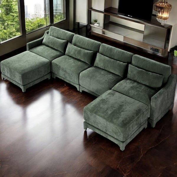 YQJWMD 141.7 in. Straight Arm 6-Piece Chenille Modular Sectional Sofa Comfort and 4-Seater & 2 Ottomans in Forest Green