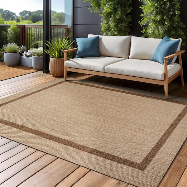 Waikiki Beige/Brown 8 ft. x 10 ft. Bordered Indoor Outdoor Area Rug