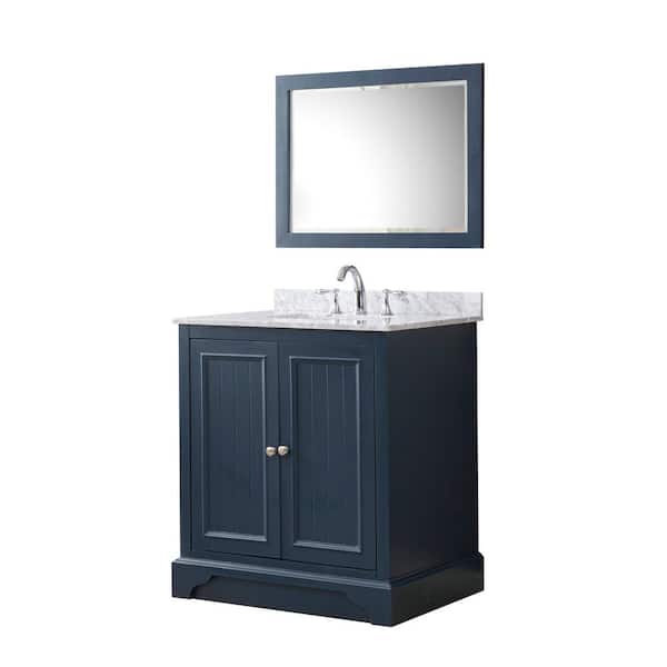 Kingswood 32 in. W x 25 in. D x 36 in. H Single Bath Vanity in Blue with White Marble Top and Mirror