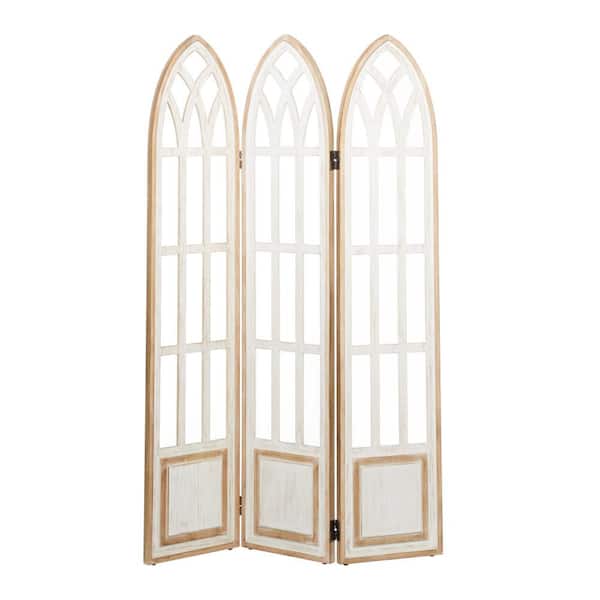 Litton Lane 6 ft. White 3-Panel Hinged Foldable Arched Partition Room Divider Screen with Window Pane Details