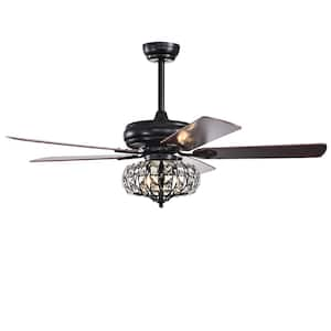 52 in. Indoor Matte Black Decorative Crystal Chandelier Ceiling Fan with three E26 Bulb Holder and Remote Control