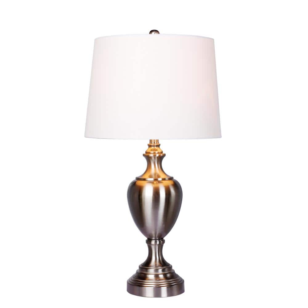 30" Brushed Steel Urn Table Lamp with White Shade