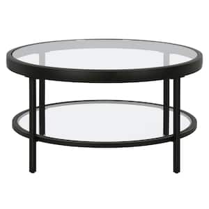 Alexis 32 in. Blackened Bronze Round Glass Top Coffee Table with Shelves