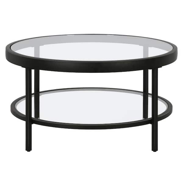 Meyer&Cross Alexis 32 in. Blackened Bronze Round Glass Top Coffee Table with Shelves