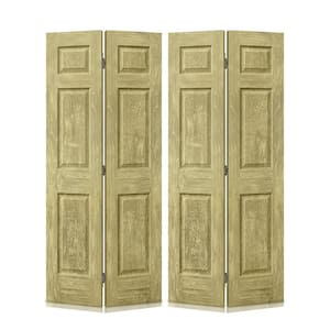 48 in. x 80 in. Antique Gold Stain 6 Panel MDF Composite Bi-Fold Double Closet Door with Hardware Kit