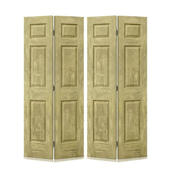CALHOME 72 in. x 80 in. Antique Gold Stain 6 Panel MDF Composite Bi-Fold Double Closet Door with Hardware Kit