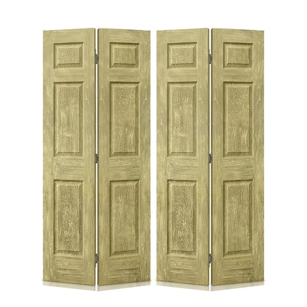 CALHOME 72 in. x 80 in. Antique Gold Stain 6 Panel MDF Composite Bi-Fold Double Closet Door with Hardware Kit