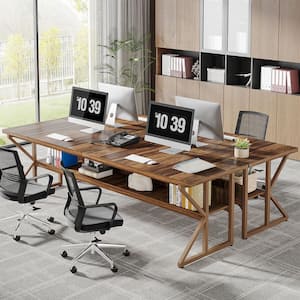 Halseey 78.7 in. Rectangular Brown Wooden Long Computer Desk with Storage Shelf, Large Double Desk 2-Person Desk