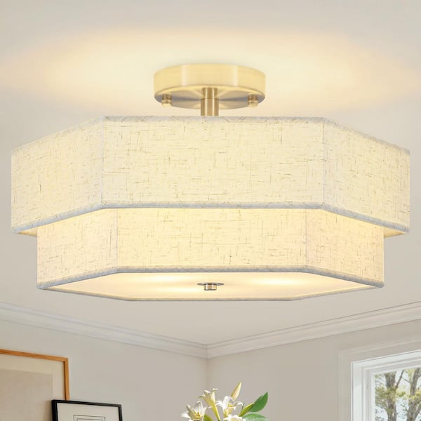 17.7 in. 3-Light Modern Silver Metal and Fabric Drum Semi Flush Mount Ceiling Light Fixture