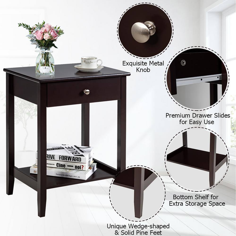 Compact Brown Wood Nightstand with Drawer and Shelf