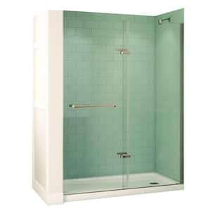 Reveal 60 in. x 74.5 in. Frameless Pivot Shower Door in Chrome with 60 in. x 32 Right Drain Base in White