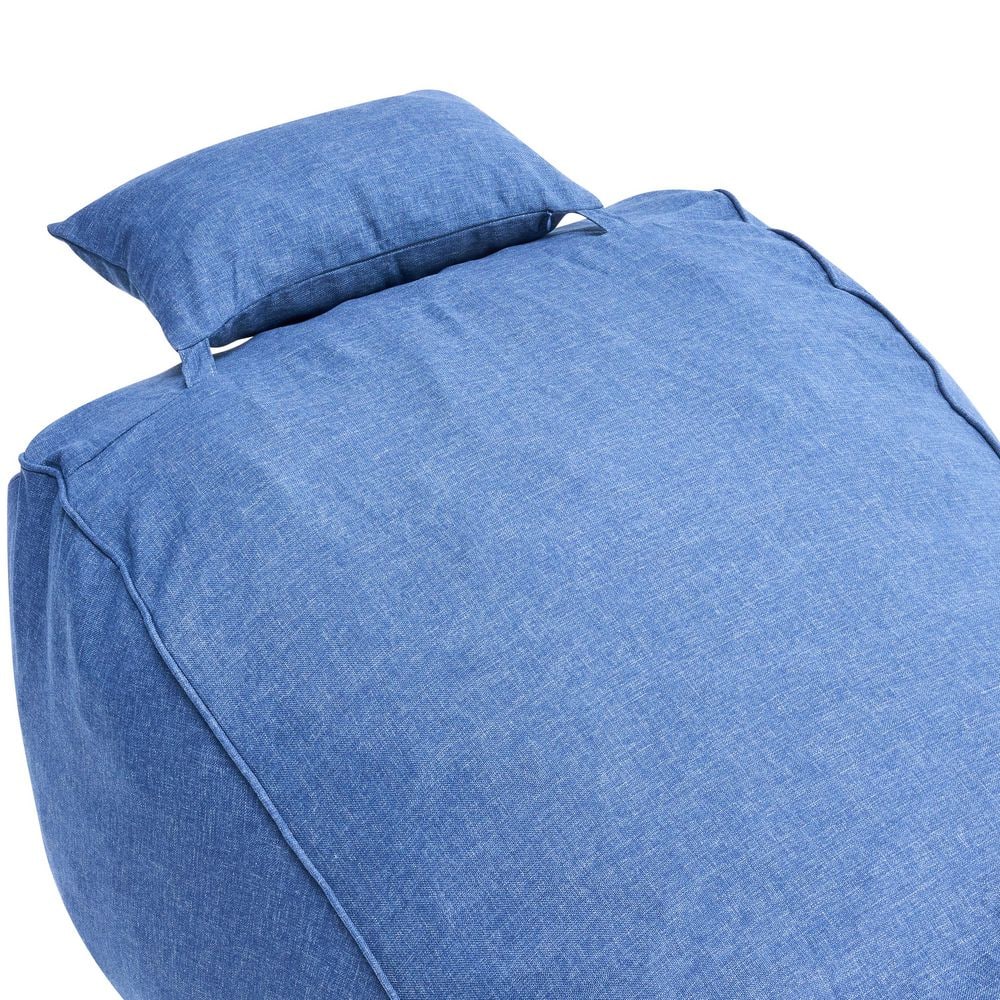 Top-down view of the navy blue bean bag lounge chair and pillow.